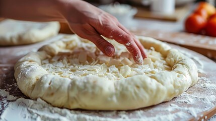 Capturing the Moment of Pizza Creation: Fingers Pressing into Soft Dough to Form the Raised Edge of a Pizza Dough Base