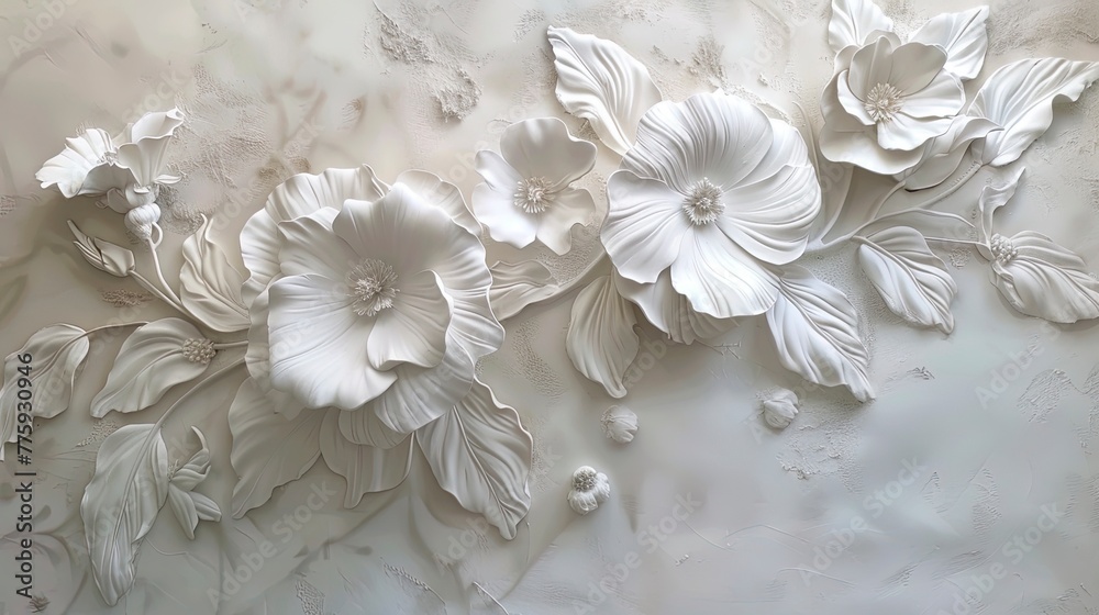 Wall mural light decorative texture of plaster wall with volumetric decorative flowers.