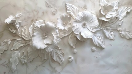 Fototapety  Light decorative texture of plaster wall with volumetric decorative flowers.