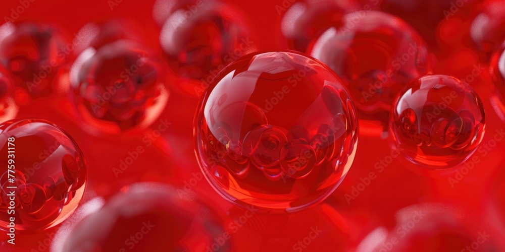 Poster a bunch of red glass spheres floating in the air. suitable for various creative projects
