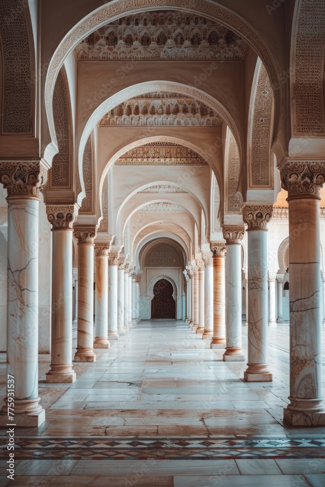 Leinwandbilder a long hallway with columns and a clock on the wall. suitable for interior design concepts