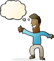 cartoon happy man dancing with thought bubble