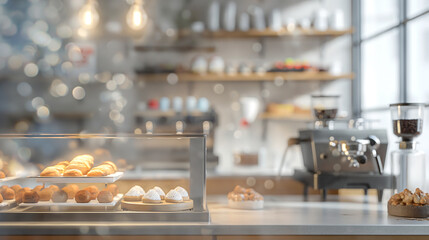 Closeup of a display case with pastries and a coffee machine in the background