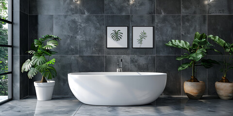 Dark gray tiles, white bathtub, and three posters above. Health and hygiene. Mockup. . generative ai 
