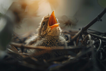 An isolated hungry baby bird in a nest
