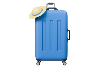 3d Travel Suitcase with summer hat, luggage Suitcase Icon Isolated on purple background. Travel holiday vacation concept. Minimal Blue Suitcase with hat creative design. 3d render illustration.
