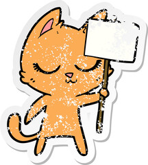 distressed sticker of a calm cartoon cat with placard