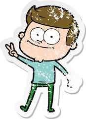 distressed sticker of a cartoon happy man