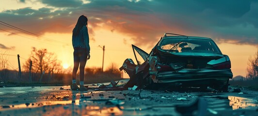 A woman stands near a broken car after an accident. call for help, generative ai - obrazy, fototapety, plakaty
