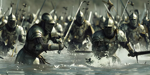 Troops in a battle field with swords and defensive wear, Epic Water Conflict Waves of Battle - obrazy, fototapety, plakaty