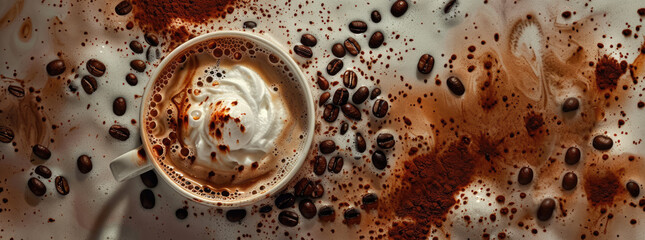 top with coffee beans scattered around the cup of hot chocolate and foam on it, top view  - obrazy, fototapety, plakaty