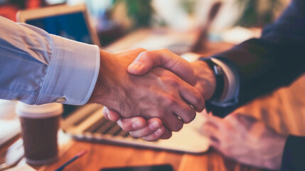Two professionals shaking hands over a work desk, signifying agreement or partnership in a business setting..
