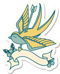 tattoo style sticker with banner of a swallow pierced by arrow