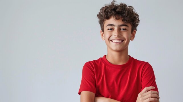 A happy young boy wearing a red shirt, suitable for family and lifestyle concepts - Powered by Adobe