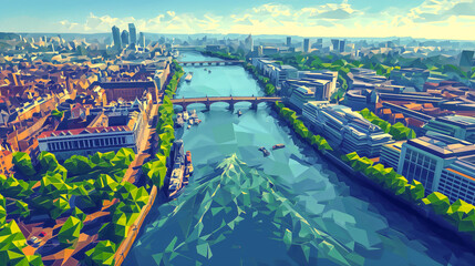 Fototapeta premium A city with a river running through it. The water is calm and the sky is clear. The city is bustling with activity and the boats are moving along the river