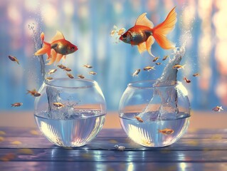 Angle fish jumping from a small fishbowl to another bigger fishbowl - obrazy, fototapety, plakaty