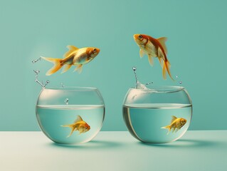 Angle fish jumping from a small fishbowl to another bigger fishbowl