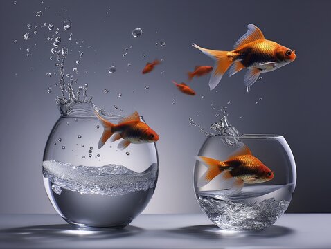 Angle fish jumping from a small fishbowl to another bigger fishbowl