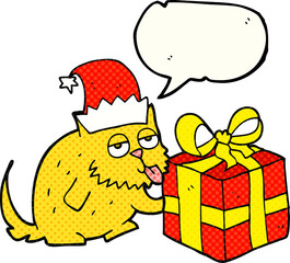 freehand drawn comic book speech bubble cartoon cat with present