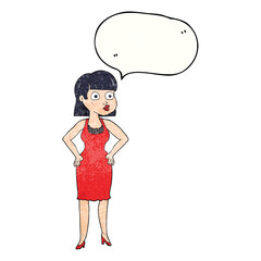 freehand speech bubble textured cartoon woman in dress with hands on hips