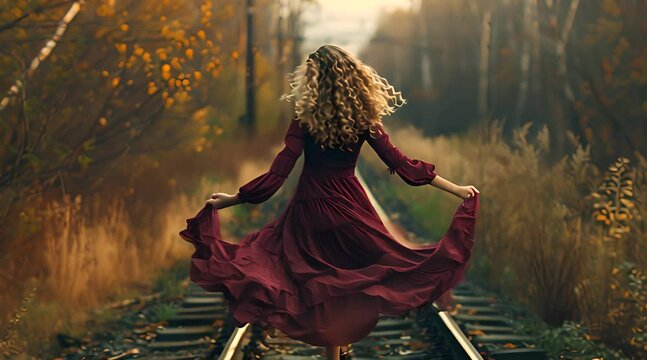Blonde woman in red dress walking on train tracks