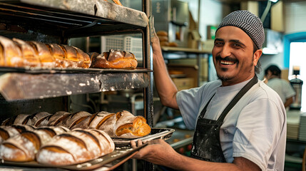 smiling baker with a tray of bread taken out of the oven 