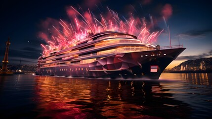 Luxury cruise ship with fireworks in the night sky. Panorama