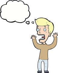 cartoon frightened man with thought bubble