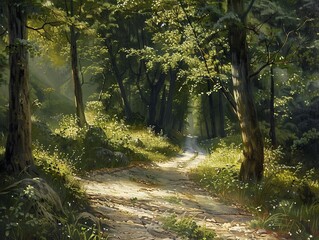 long path in the forest illuminated by a ray of sunlight - obrazy, fototapety, plakaty