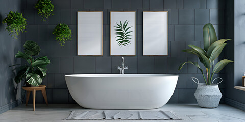 Dark gray tiles, white bathtub, and three posters above. Health and hygiene. Mockup. . generative ai  - obrazy, fototapety, plakaty
