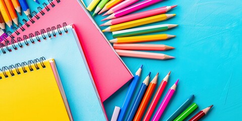 Fototapeta premium Pencils and notebooks, top view, vibrant colors for back-to-school banner 
