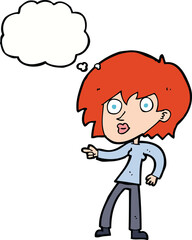 Obraz premium cartoon surprised woman pointing with thought bubble
