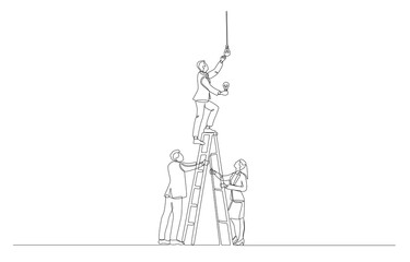 Continuous one line drawing of employees helping colleague climb up ladder to change light bulb, changing business solution for team, new innovation for group concept, single line art.