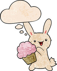 cute cartoon rabbit with muffin with thought bubble in grunge texture style