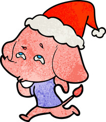 hand drawn textured cartoon of a elephant remembering wearing santa hat