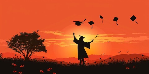 Sunset silhouette of graduate throwing cap, inspiring banner frame