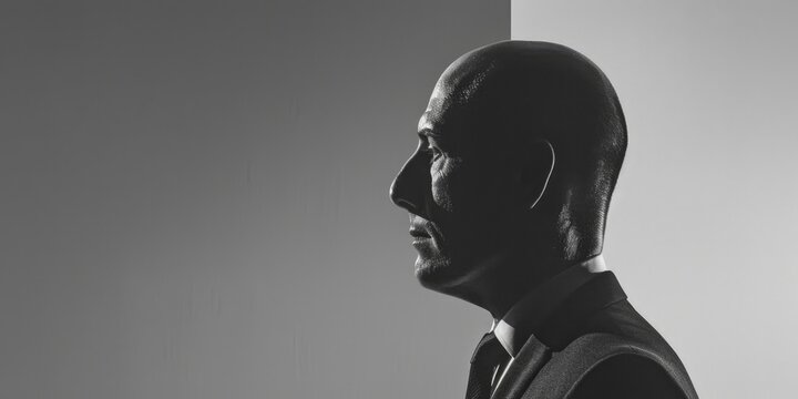 A bald man in a black and white photo. Suitable for various projects