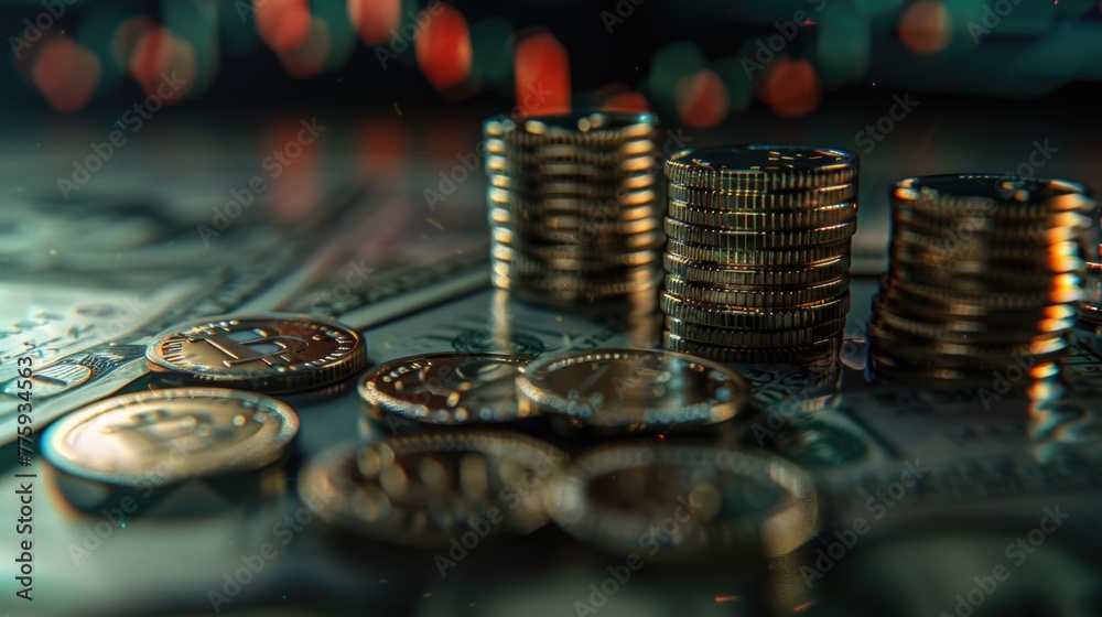 Poster a pile of coins sitting on top of a table. can be used for financial concepts