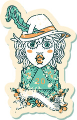 Retro Tattoo Style elf bard with natural twenty dice roll