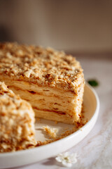 Homemade Napoleon cake, space for text, colorful appetizing background