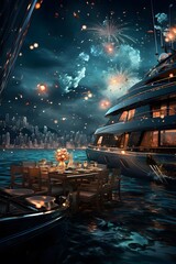 3D Illustration of a ship sailing in the sea with fireworks