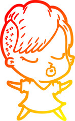 warm gradient line drawing of a cartoon pretty hipster girl