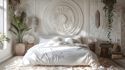 White bedroom with three-dimensional plaster art above the bed