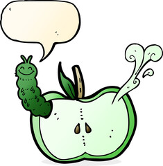 cartoon apple with bug with speech bubble