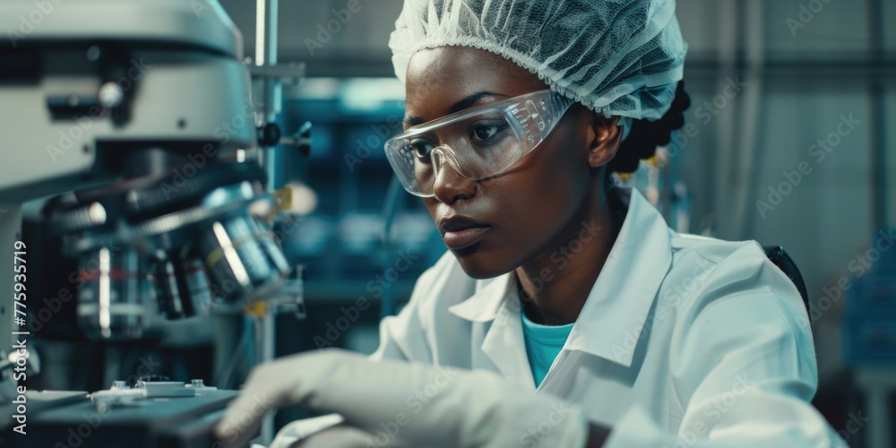 Poster woman in lab coat and goggles working on a machine. suitable for scientific and industrial concepts