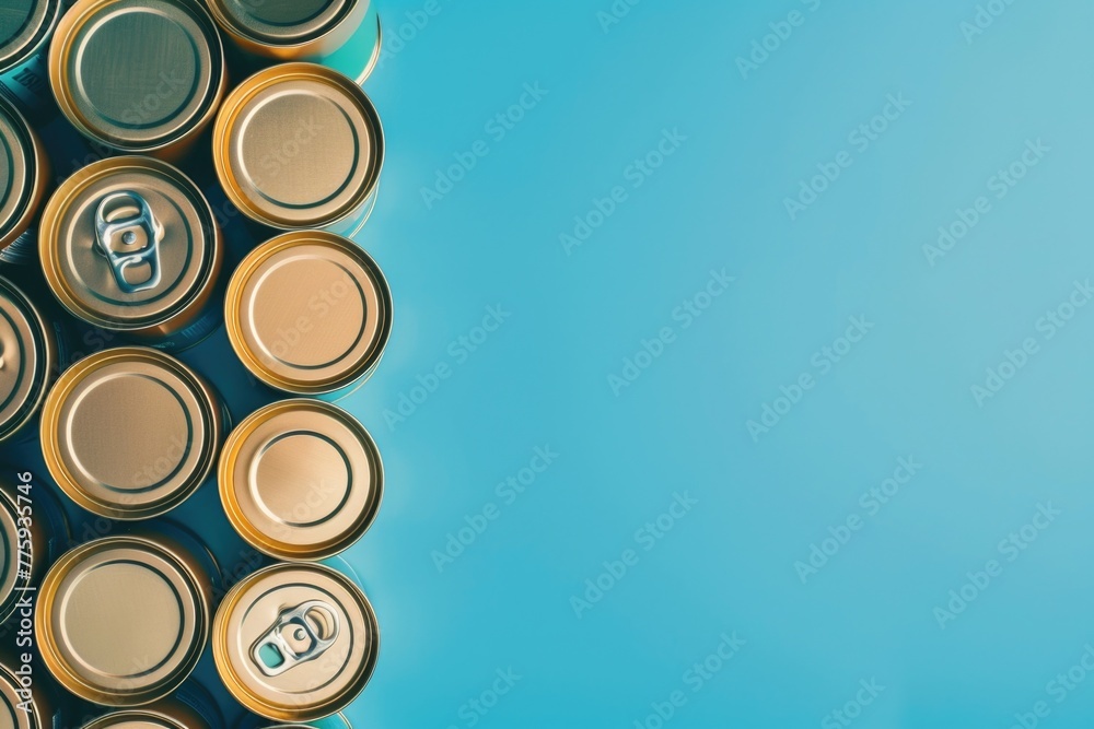 Poster a group of soda cans stacked on top of each other. perfect for beverage industry concepts
