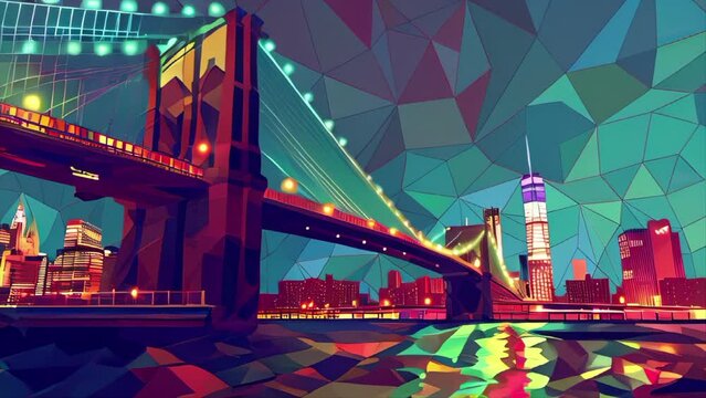 A colorful cityscape with a bridge and a skyscraper in the background. The bridge is lit up at night, creating a warm and inviting atmosphere