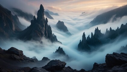 A breathtaking landscape view of mountain peaks emerging from a sea of clouds, conveying a sense of tranquility and grandeur - obrazy, fototapety, plakaty