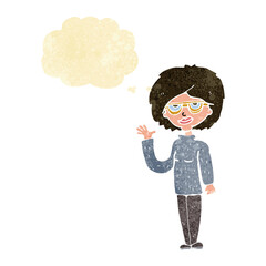 cartoon woman waving with thought bubble