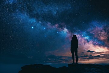 Fototapeta premium Mesmerizing Astronomer starry sky night woman. Star science. Generate Ai
